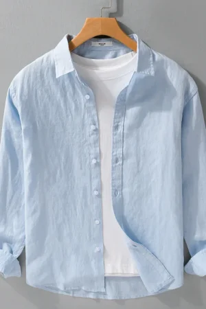 100% Pure Linen Long Sleeve Shirt - Men's Loose Fit Breathable Casual White Shirt with Classic Collar Camping Fishing