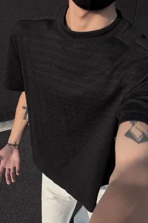 Men's Black Wfle Knit Crew Neck T-Shirt Casual Oversized Short Sleeve Top