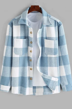 Men's Plaid Print Pocket Button Front Shirt, Regular Fit Casual Long Sleeve Collared Top for Fall & Winter, Men's Clothes for Da